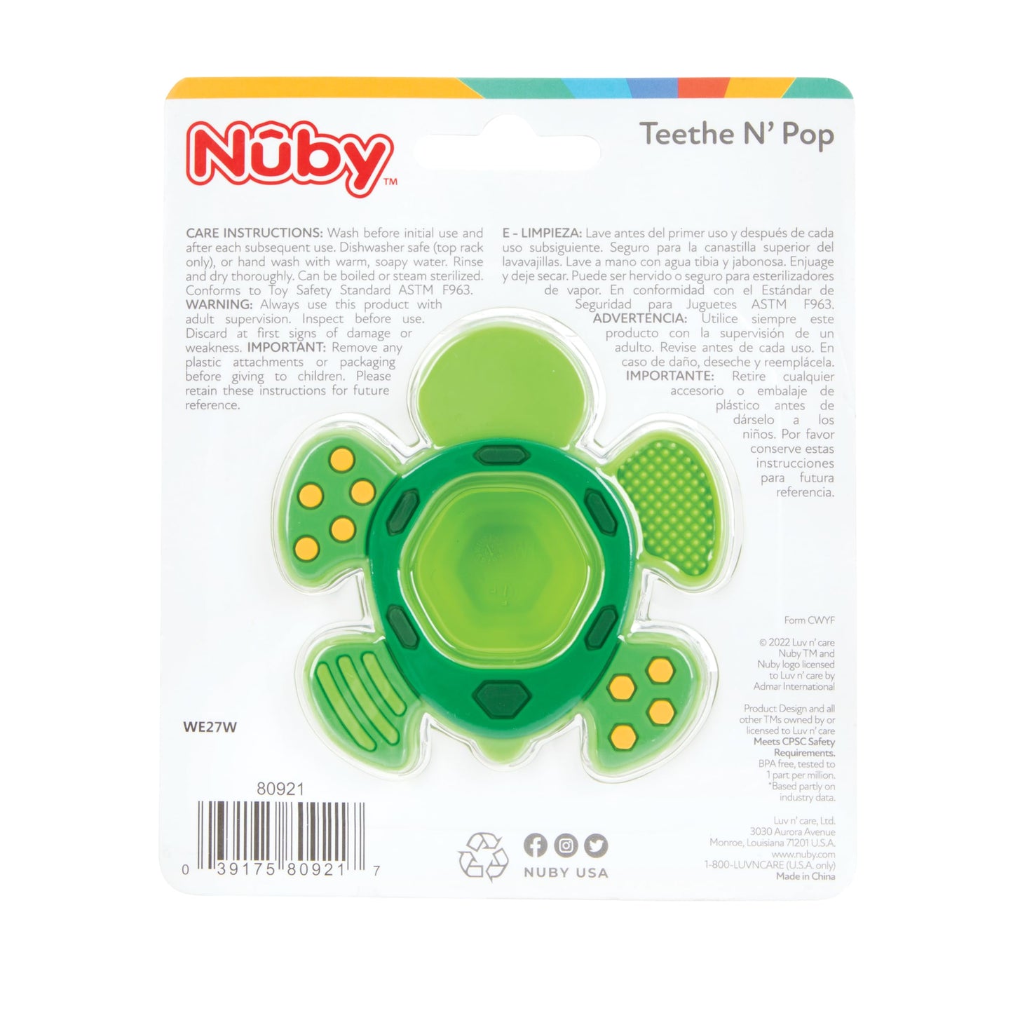 Nuby Teethe N Pop Sensory Play Teether - Baby Teething Toy - 3+ Months - Turtle
