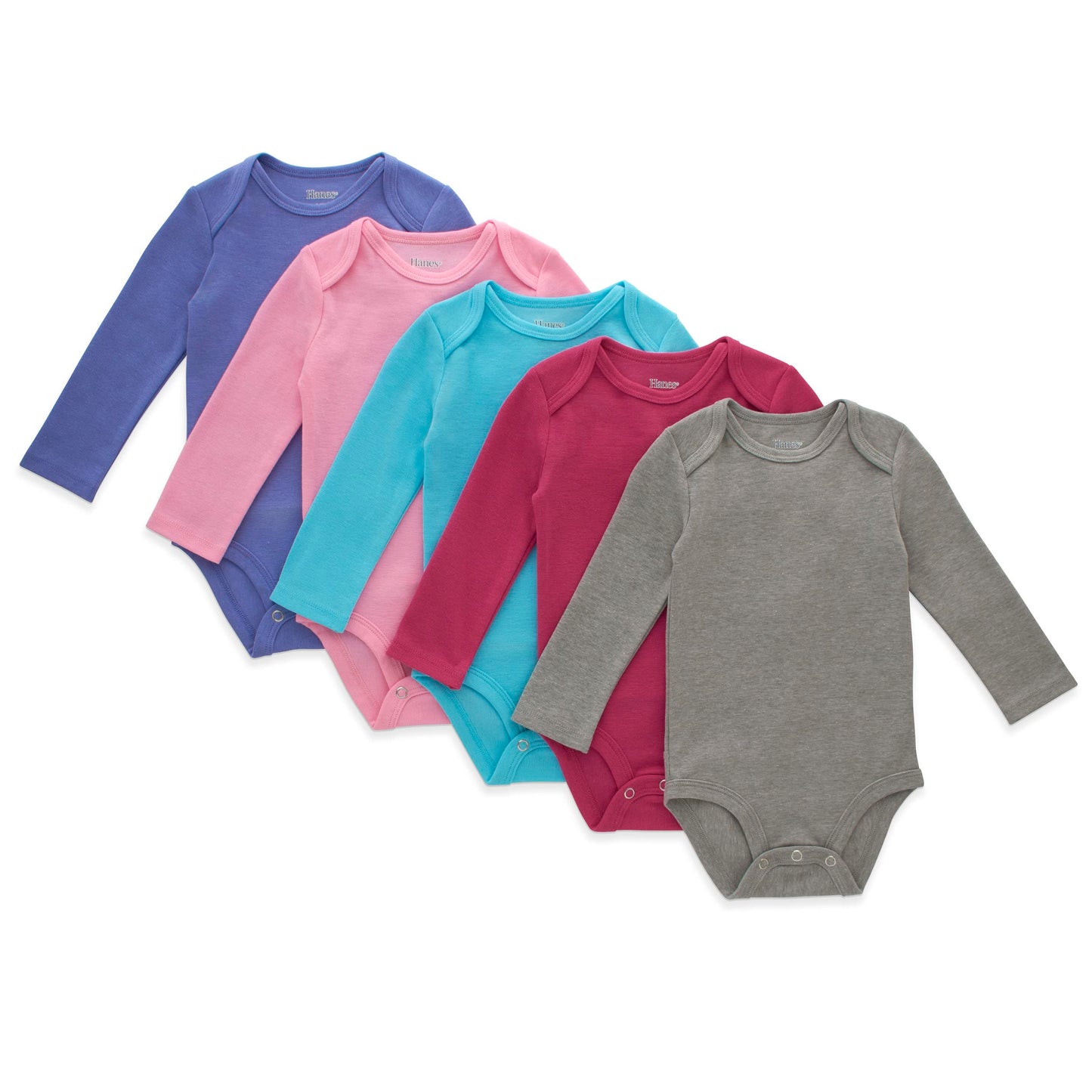 Hanes Unisex Baby Long Sleeve Bodysuit, Ultimate Flexy Boys & Girls, 5-Pack, Pink Turq Purple Set, 0-6 Months Us