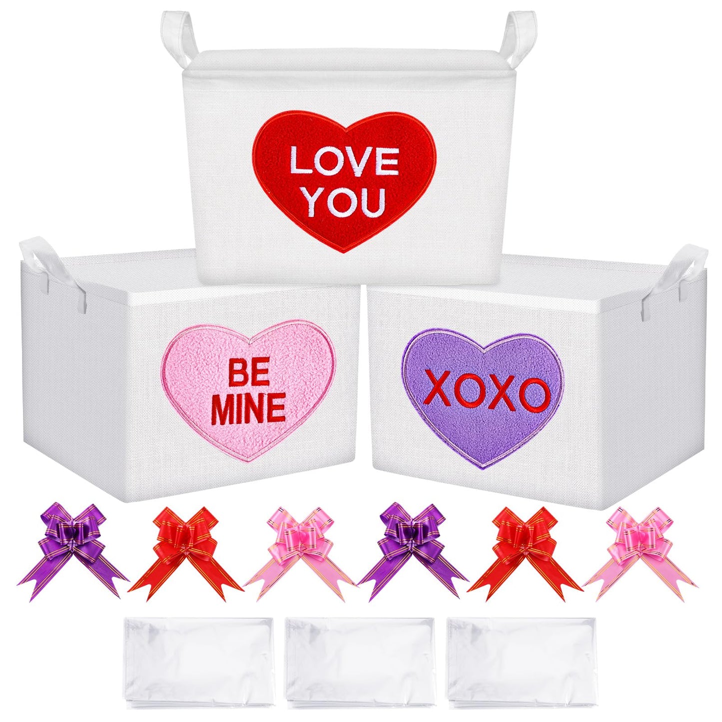 Teecyhooo 3 Sets Embroidery Valentines Day Gift Basket Empty with Handles Love Heart Embroidery Patches Gifts Stuffers Storage