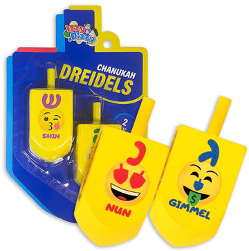 Izzy 'N' Dizzy Hanukkah Dreidels - Emoji Printed Wood Dreidel - 2 Pack Large - Chanukah Spinning Draidel Game