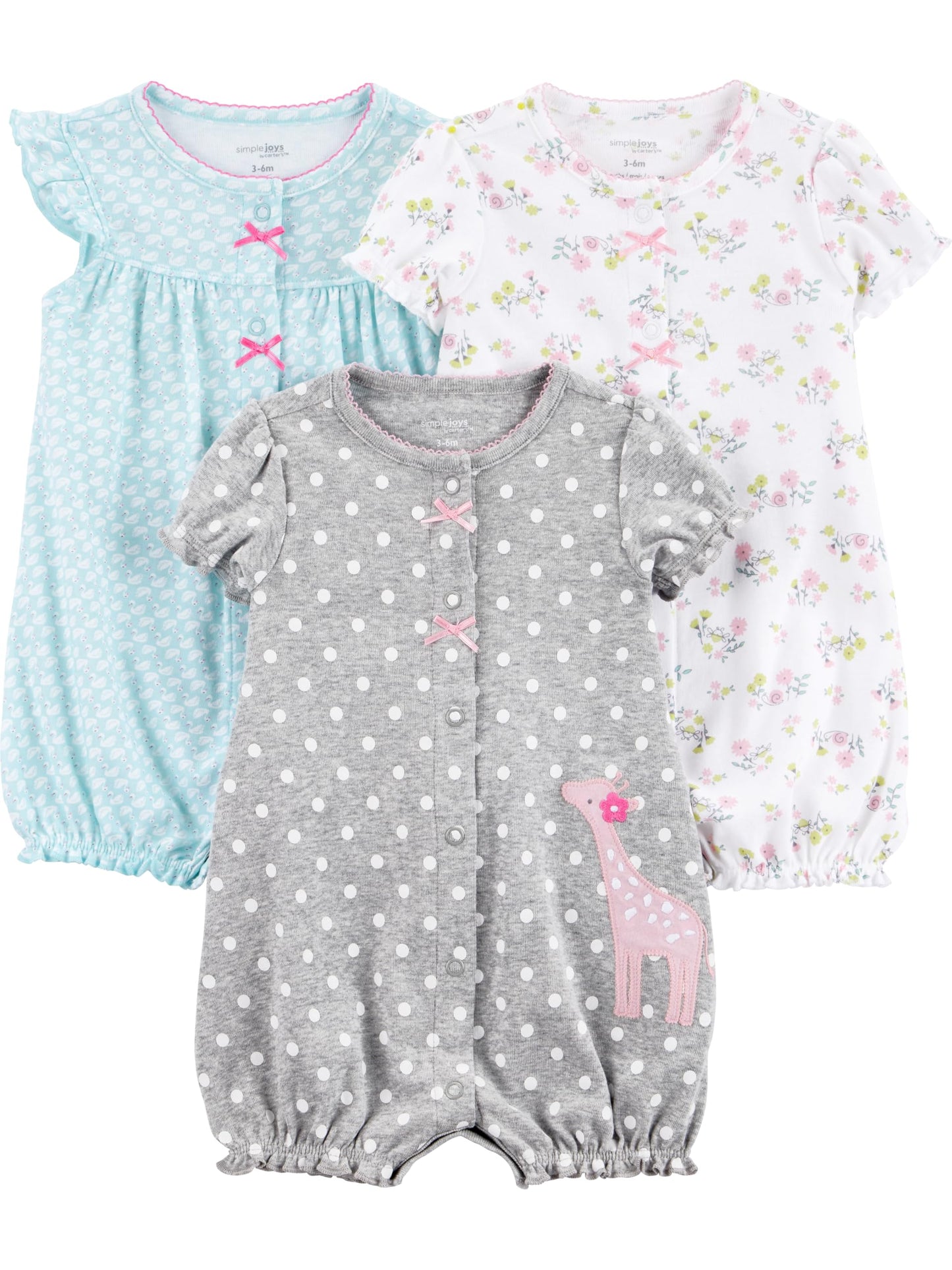 Simple Joys by Carters Baby 3-pack Snap-up Rompers, blue swan/white floral/grey dot, 3-6 months