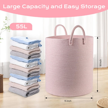 Hobasket Cotton Rope Laundry Basket Hamper For Girls Kids Baby Nursery Hamper Bin Woven Blanket Basket For Living Room Cute Baby