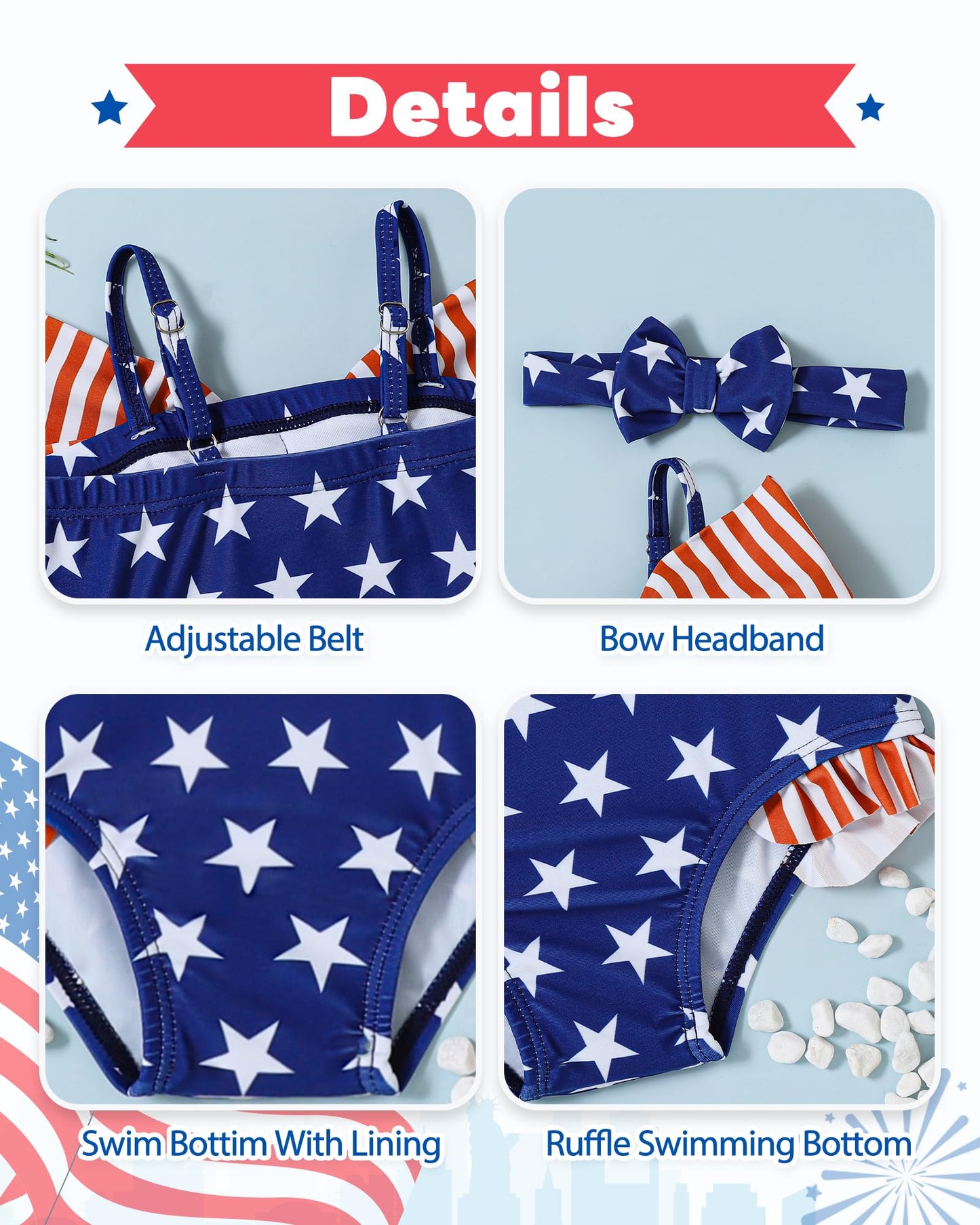 Mioglrie Baby Girl Swimsuit Toddler 4Th Of July Swimsuit 2T-3T Bathing Suit Star Ruffle Stripe Summer Beach One Piece Swimwear F