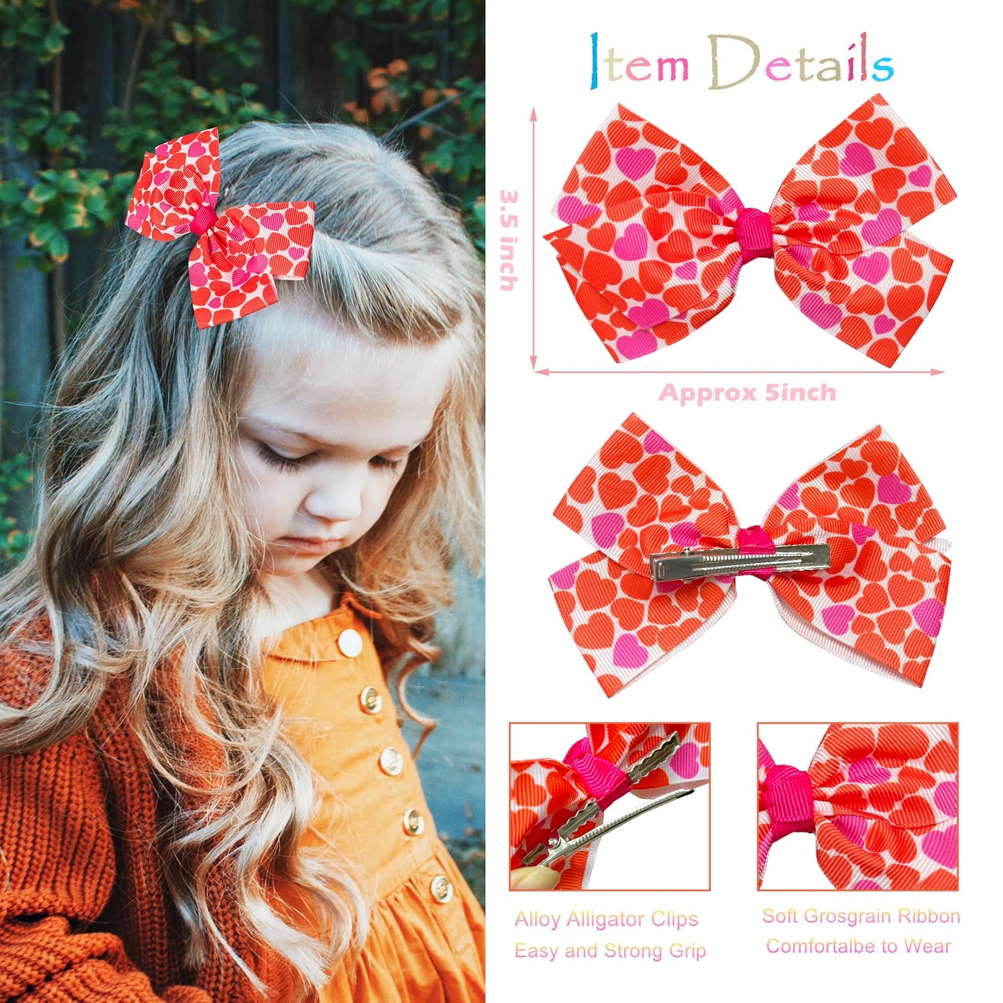 Dwenarry 5 Inch Hair Bows For Girls, Colorful Little Girls Hair Bow Rainbow Heart Grosgrain Hair Bow With Alligator Clips Hair A