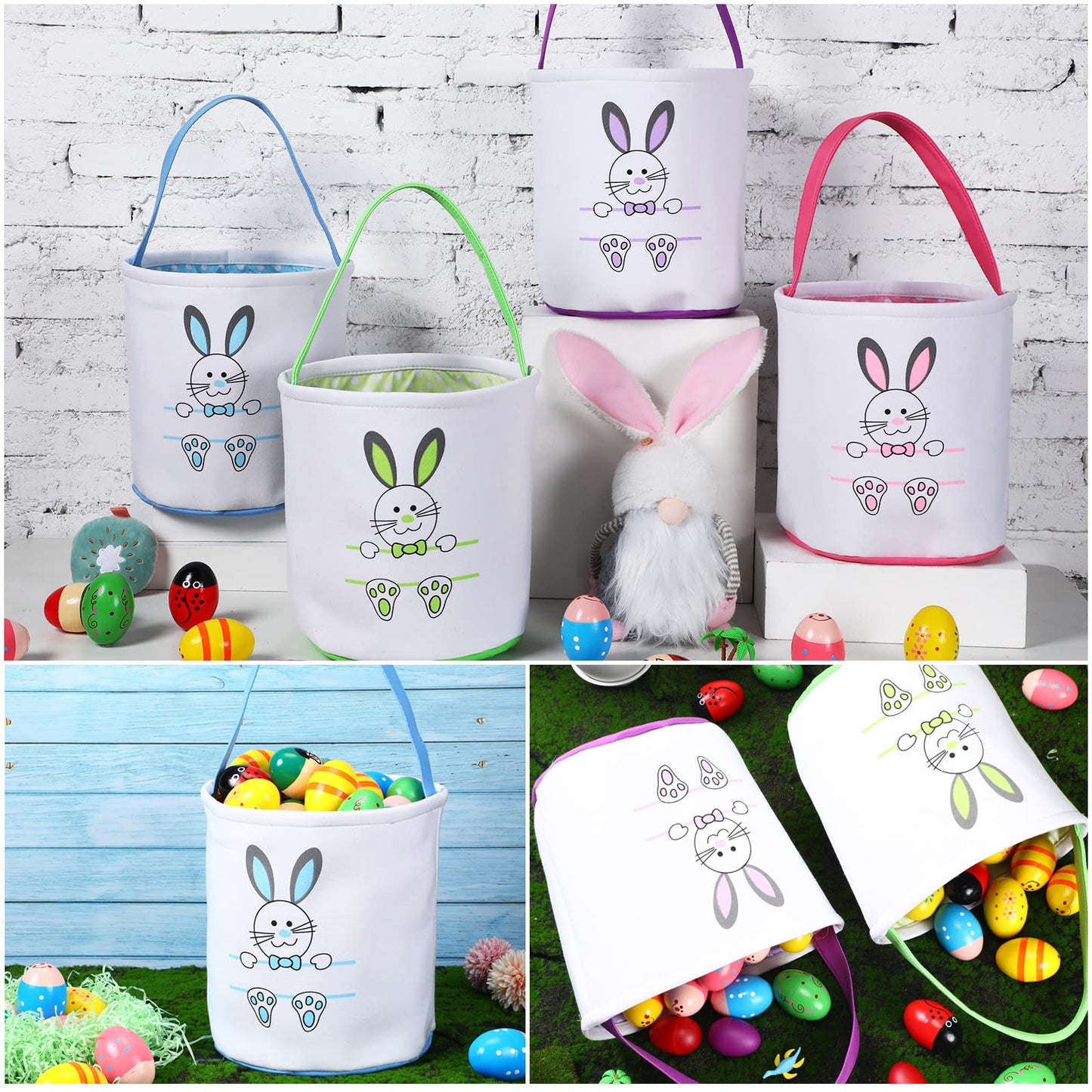 4 Pieces Easter Bunny Basket Egg Bags For Kids Cloth Tote Bags Canvas Cotton Empty Personalized Candy Egg Basket Bunny Print Buc