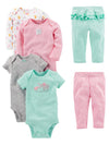 Simple Joys By Carter'S Baby Girls' 6-Piece Bodysuits (Short And Long Sleeve) And Pants Set, Aqua Blue Elephant/Grey Dots/Pink S
