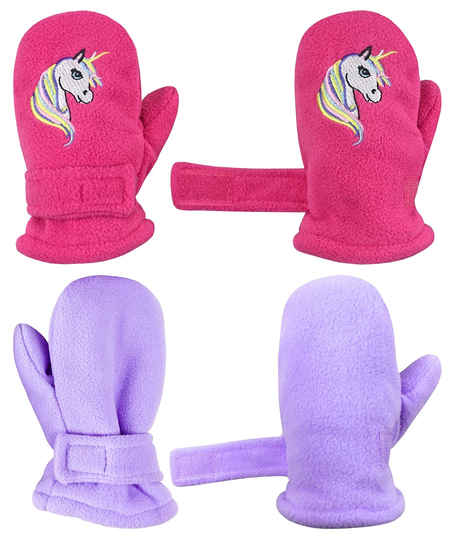 N'Ice Caps Baby Toddler Mittens Kids 2 Pairs Fleece Gloves Winter Warm Sherpa Lined (Fuchsia Unicorn/Light Purple Solid Pack, 4-