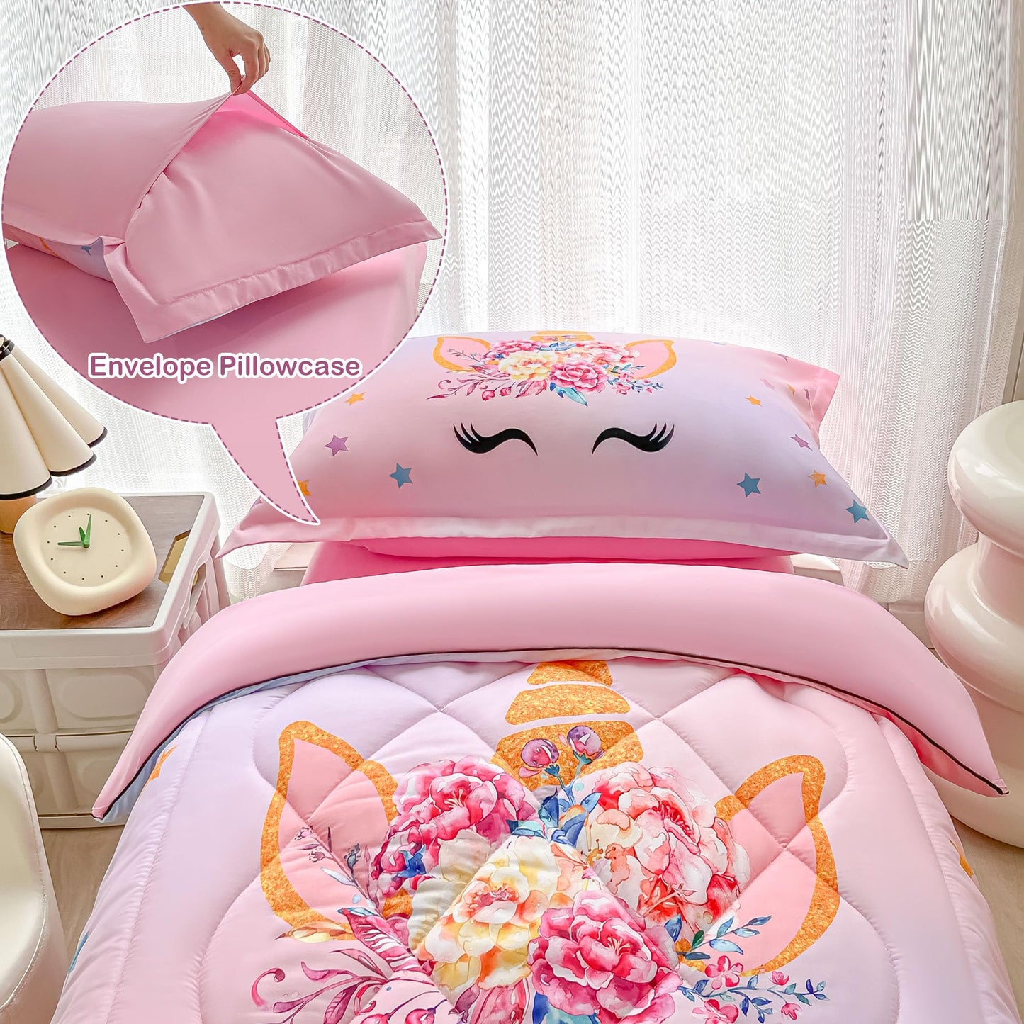 Toddler Bedding Set For Girls 4 Piece Pink Unicorn Stars Toddler Comforter Sets For Baby Kids Bed-In-A-Bag Quilt Crib Toddler Be