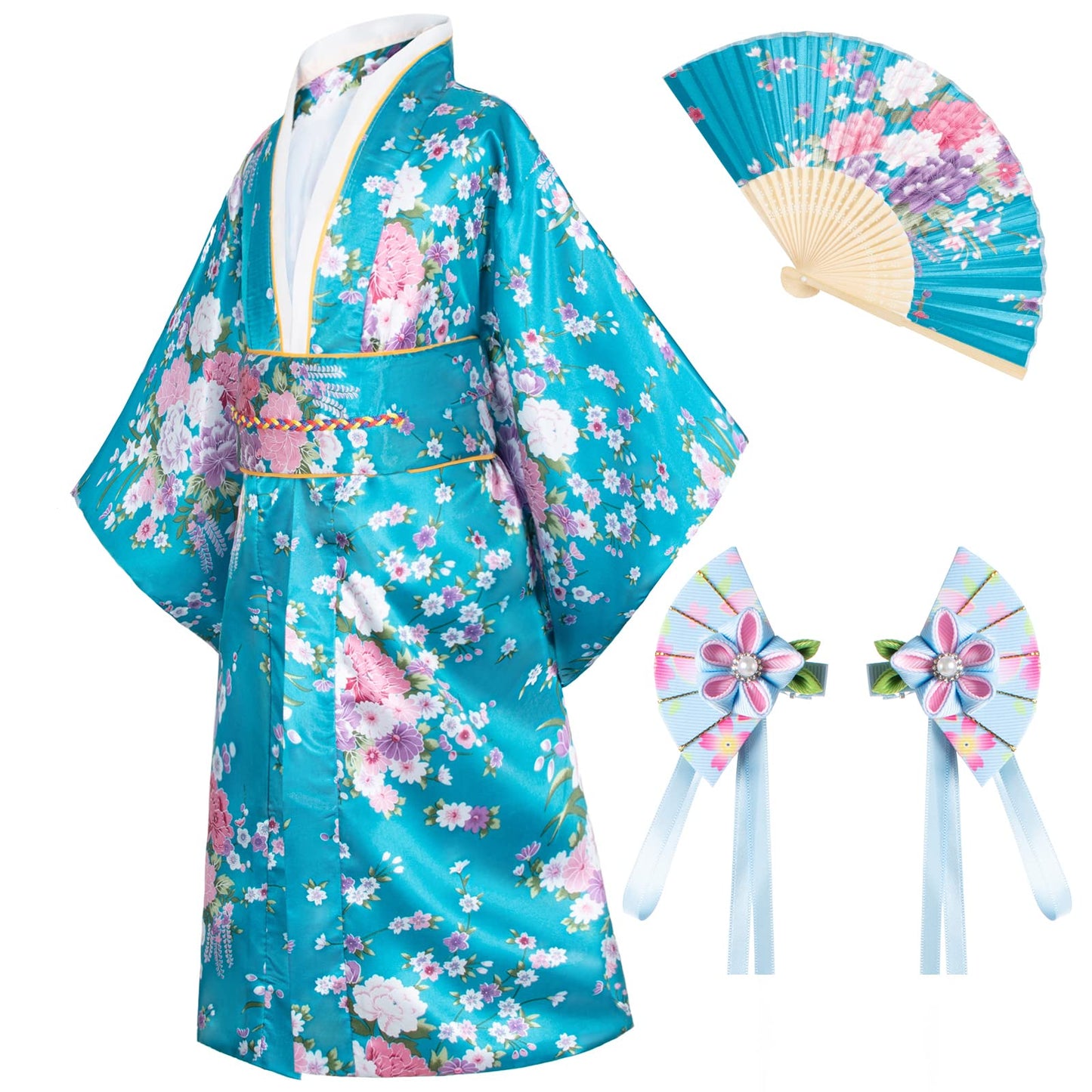 Elibelle Japanese Traditional Dress Kimono Robe For Kids Girls Costume Silk Folding Fans Hairstick Set(Blue1Type150Cm)
