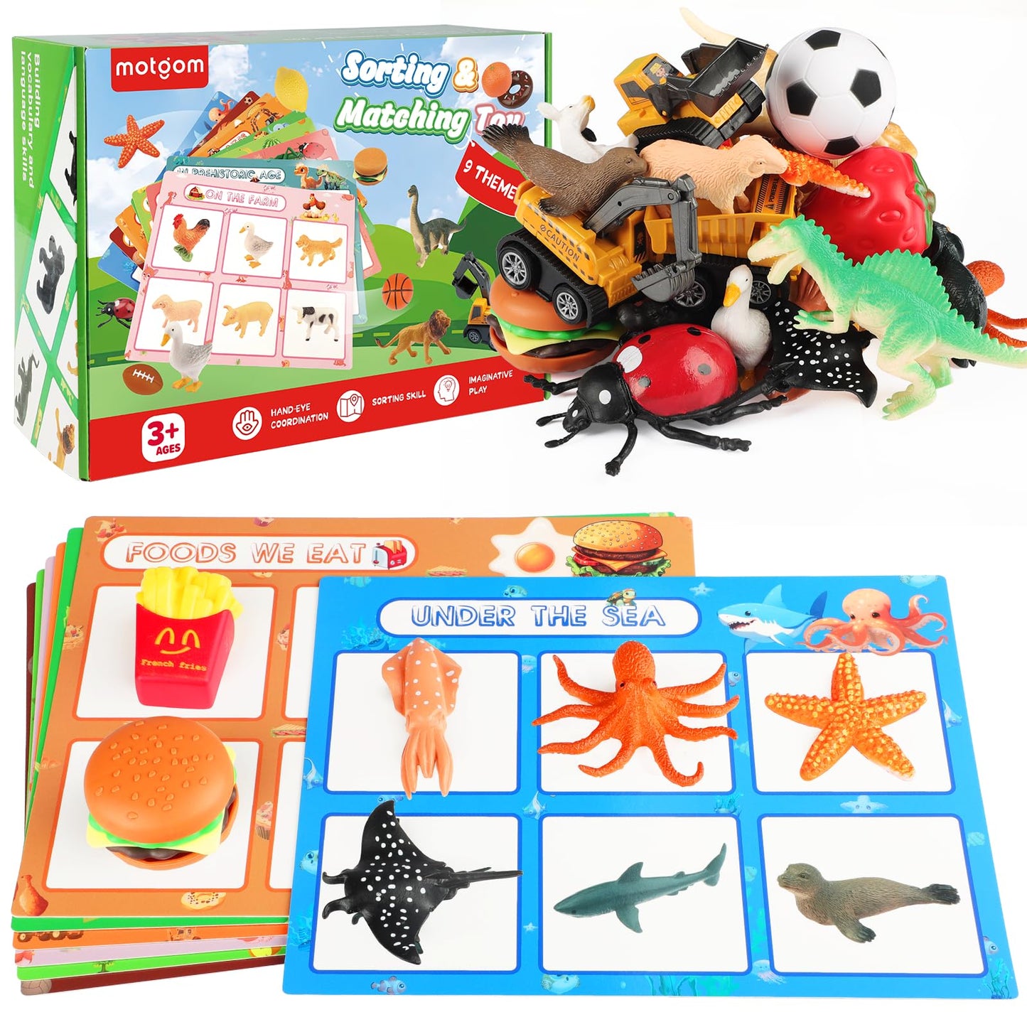 MOTGOM Sorting Toys for Toddlers - 54Pcs Learning Education Sorting Games, Animals Dinosaurs Insects Fruits Foods Vehicles Balls