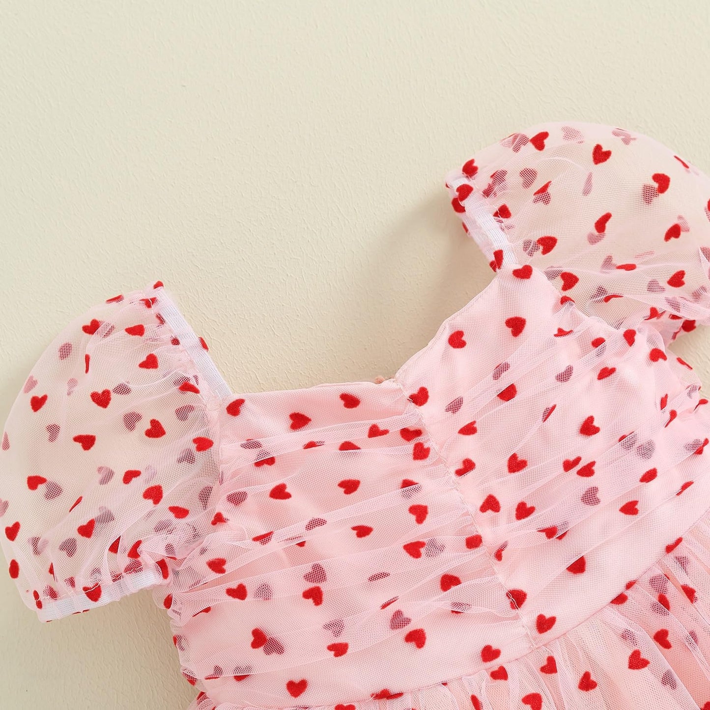Sister Matching Clothes Baby Girls Valentines Day Romper Dress Heart Print Puff Sleeve Tulle Dress Birthday Outfits (Pink C,12-1