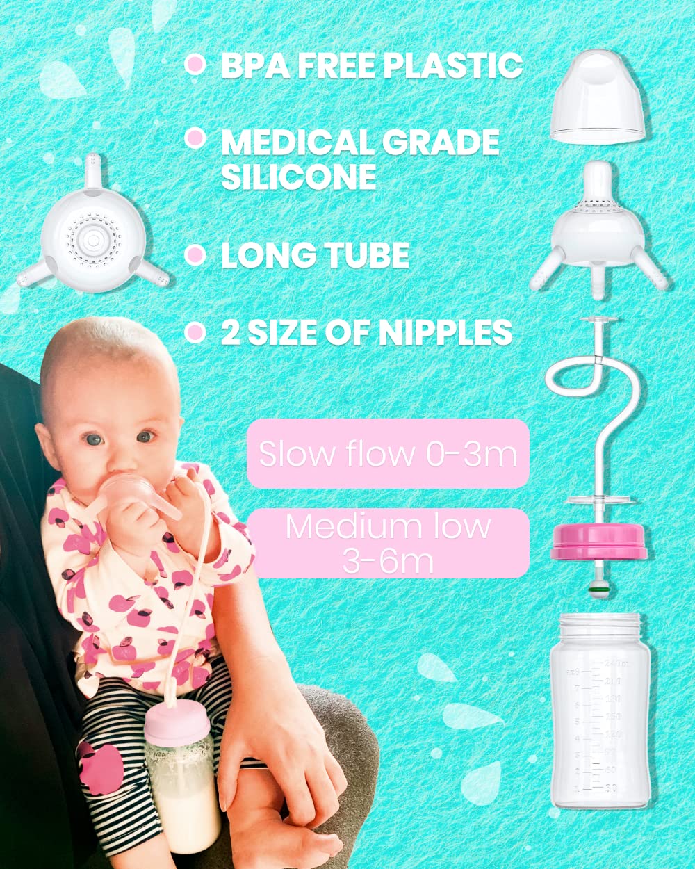 Skywin Self Feeding Baby Bottle 8oz Bottle Holder for Baby - 2 Pack Baby Bottle with Straw, Anti Colic, for Convenient Feeding (