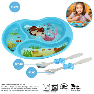 Kidsfunwares Me Time Pp Dinnerware Set (Mermaid) - 3-Piece Set For Kids And Toddlers - Plate, Fork And Spoon That Children Love