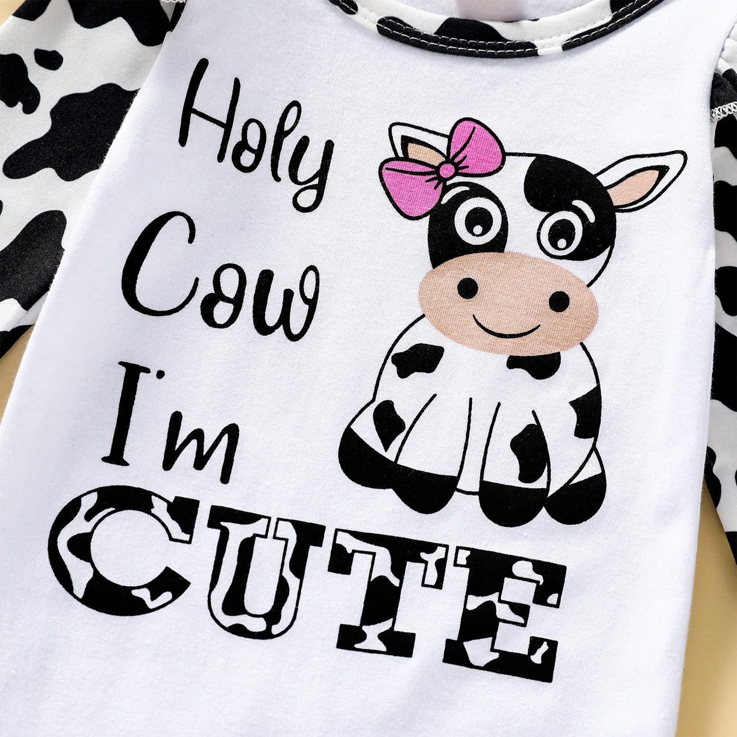 Grnshts Newborn Baby Girl Romper Infant Letter Print Bodysuit Cow Jumpsuit+Hat+Headband+Gloves Coming Home Clothes Outfit 3-6 Mo