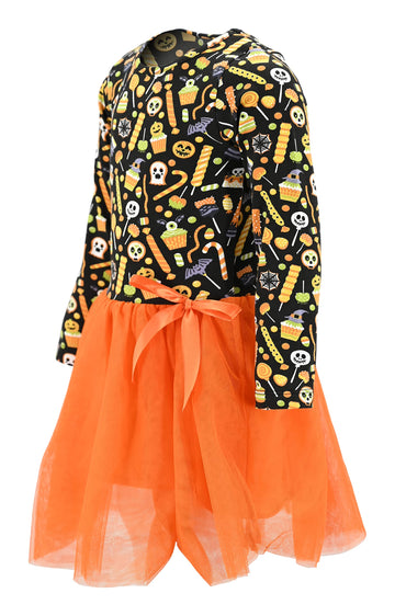 Unique Baby Girls Long Sleeve Tutu Dress Spooky Candy Halloween Outfit (5Y, Orange)