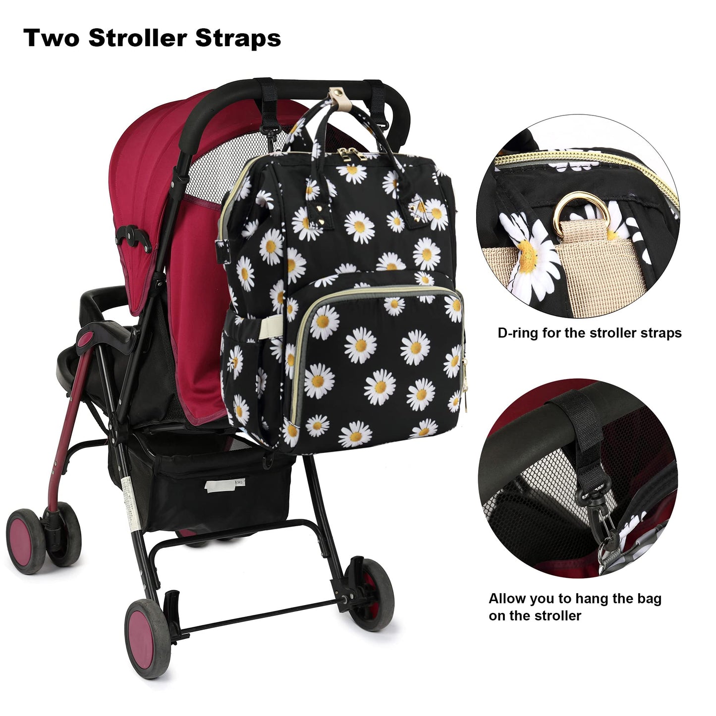 Yusudan Floral Diaper Bag Backpack For Baby Girls Boys, Flowers Mom Nappy Bags For Women (Daisy Black)