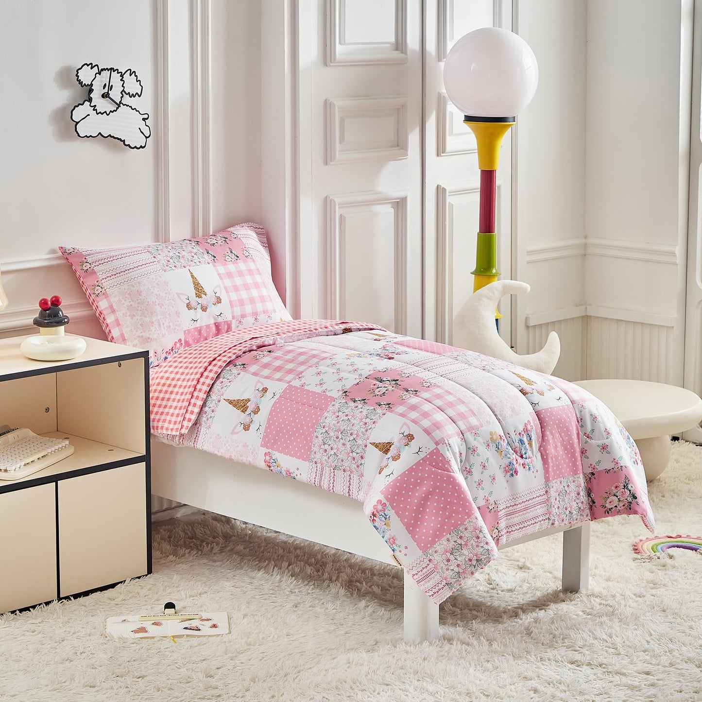 Joyreap 4 Piece Toddler Bedding Set For Girls- Pink Butterflies N Flowers Patchwork Toddler Comforter Set, Includes Quilted Comf