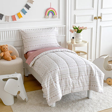 Joyreap 4 Piece Cotton Toddler Bedding Set For Girls, Flower Stripes Boho Design, Soft Breathable Cotton Toddler Comforter Set,