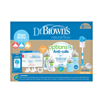 Dr. Browns Natural Flow Anti-Colic Options+ Wide-Neck Glass Baby Bottle Starter Set With 100% Silicone Glass Bottle Sleeves, Bab