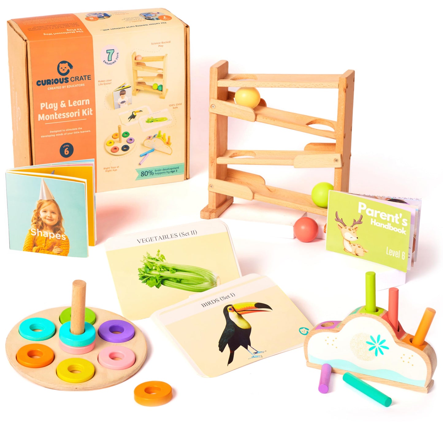 CURIOUS CRATE Wooden Montessori Toys Box for Toddlers | 6 in 1 Learning Educational Toys - Wooden Ball Tracker, Ring Stacker, Po