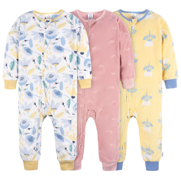 Gerber Baby Girl'S Flame Resistant Fleece Footless Pajamas 3-Pack, Multi Floral