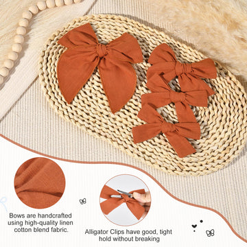 Deeka 4 Pcs Burnt Orange Cotton Linen Hair Bows 3 Styles 5' & 4' Handmade Hair Bow Set For Toddler Girls Alligator Hair Clips