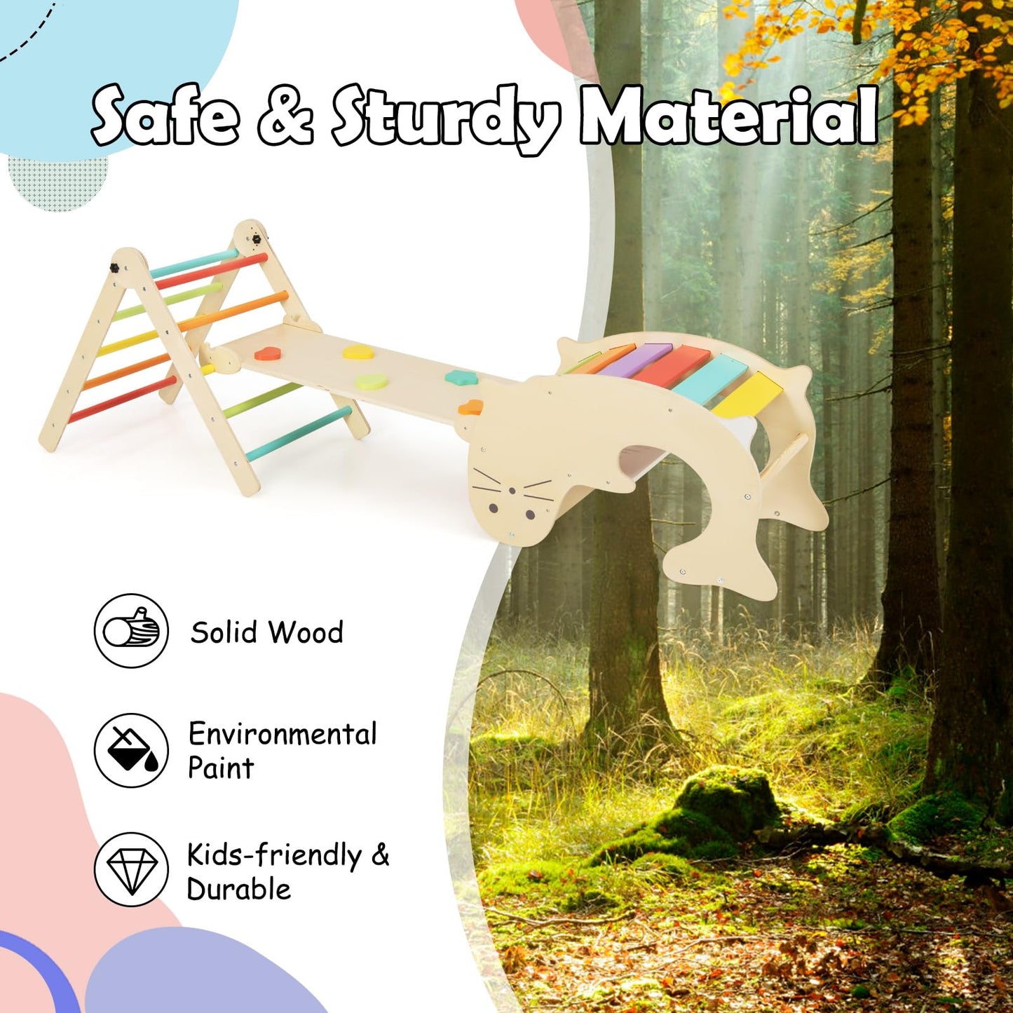 Olakids Climbing Toys For Toddlers, 5 In 1 Foldable Wooden Pikler Montessori Jungle Gym With Ramp Slide Arch Rocker Angle Adjust