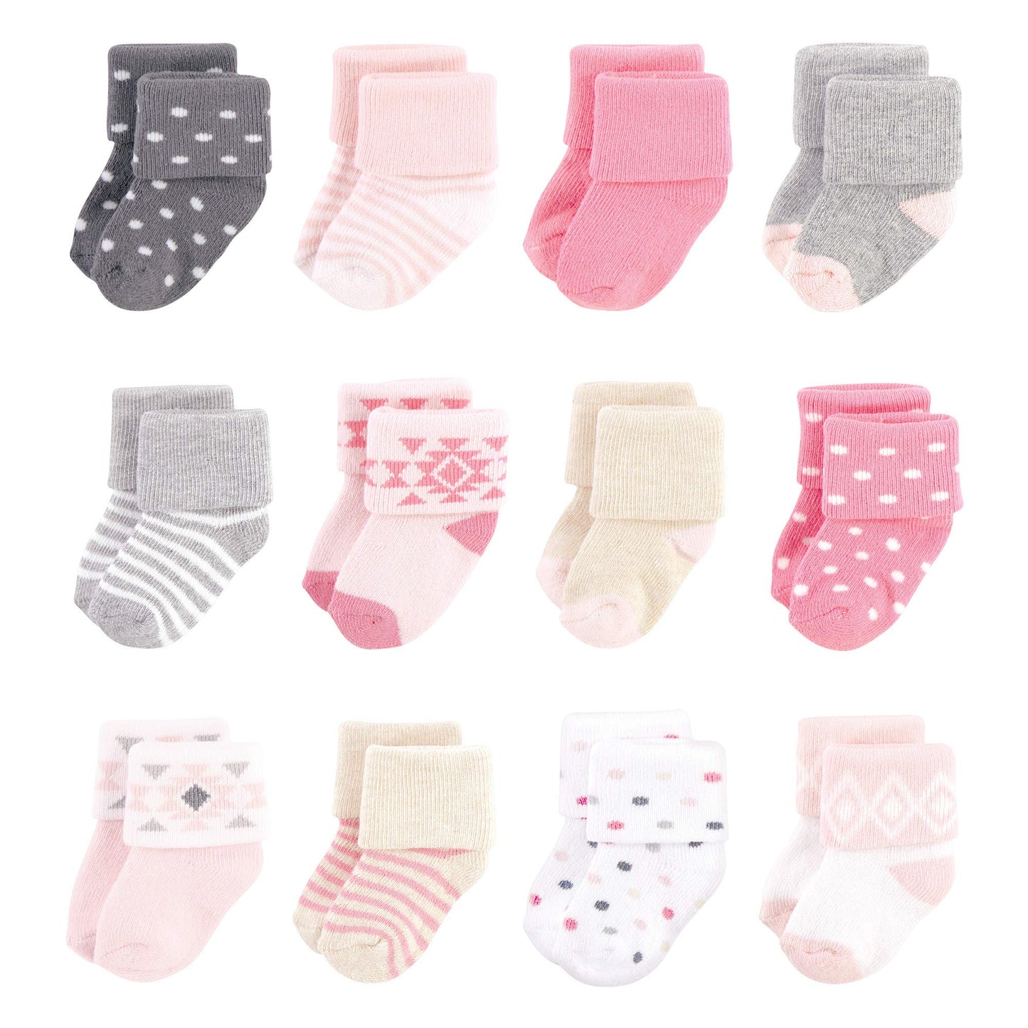 Hudson Baby Unisex Cotton Rich Newborn And Terry Socks, Pink Gray Aztec, 0-6 Months