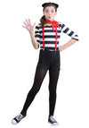 Fun Costumes Girls Mime Costume, Mesmerizing Street Performing Mime Outfit With Striped Shirt, Shorts, Suspenders, Beret Hat, An