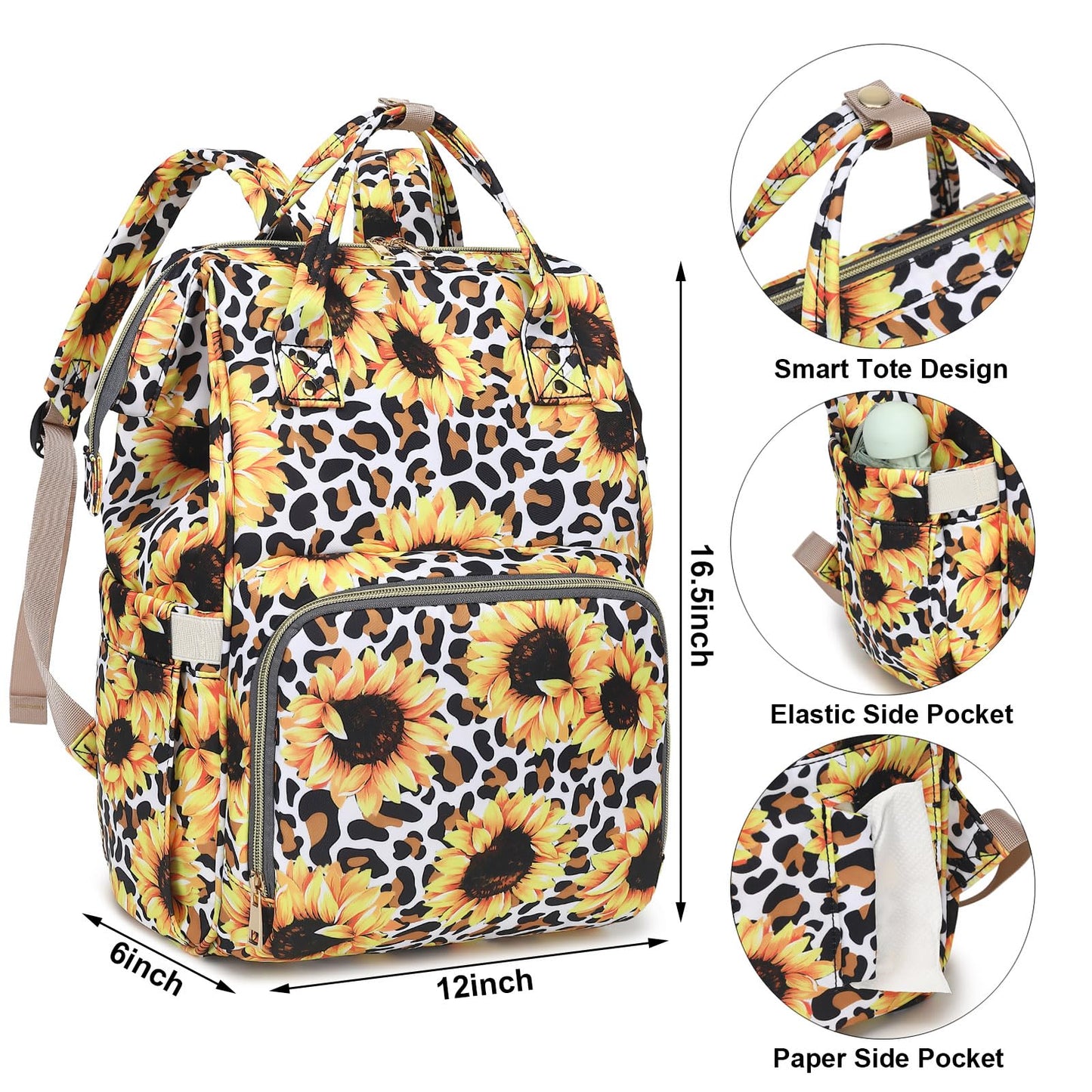 Xunteny Leopard Sunflower Baby Diaper Bag Backpack For Girls Boys, Waterproof Large Maternity Nappy Bags For Mom