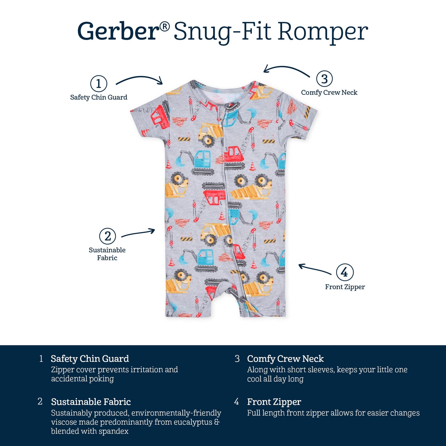 Gerber Unisex Baby Buttery Soft Short Sleeve Romper With Viscose Made From Eucalyptus, Construction, 0-3 Months