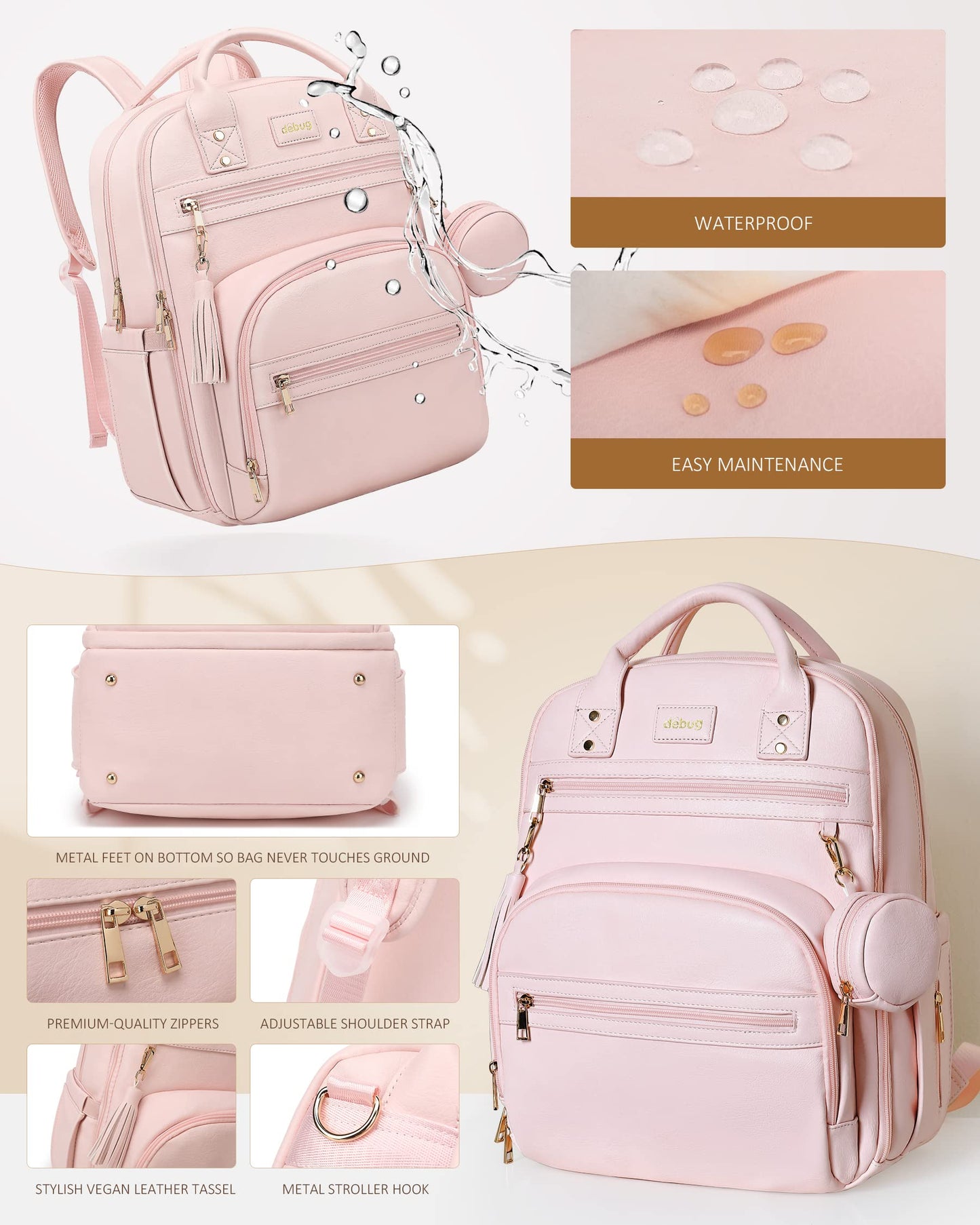 Rosegin Leather Baby Diaper Bag Backpack With Portable Travel Changing Pad Girl Boy, Large Dad Pink Diaper Bags Pacifier Case St