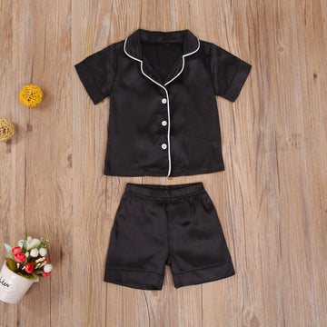Toddler Baby Kids Satin Pajamas Set, Long Sleeve Button-Down Sleepwear Pjs For Girls (1T, P-Black-Short Sleeve)
