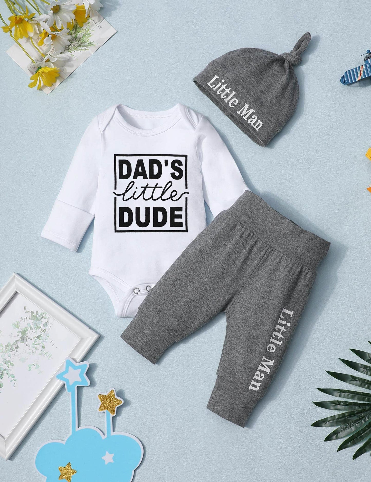 Baby Boy Clothes 3-6 Months Clothes Set Dad Little Dude Long Sleeve Romper Soft Cotton Pant Hat Infant Boy Clothes