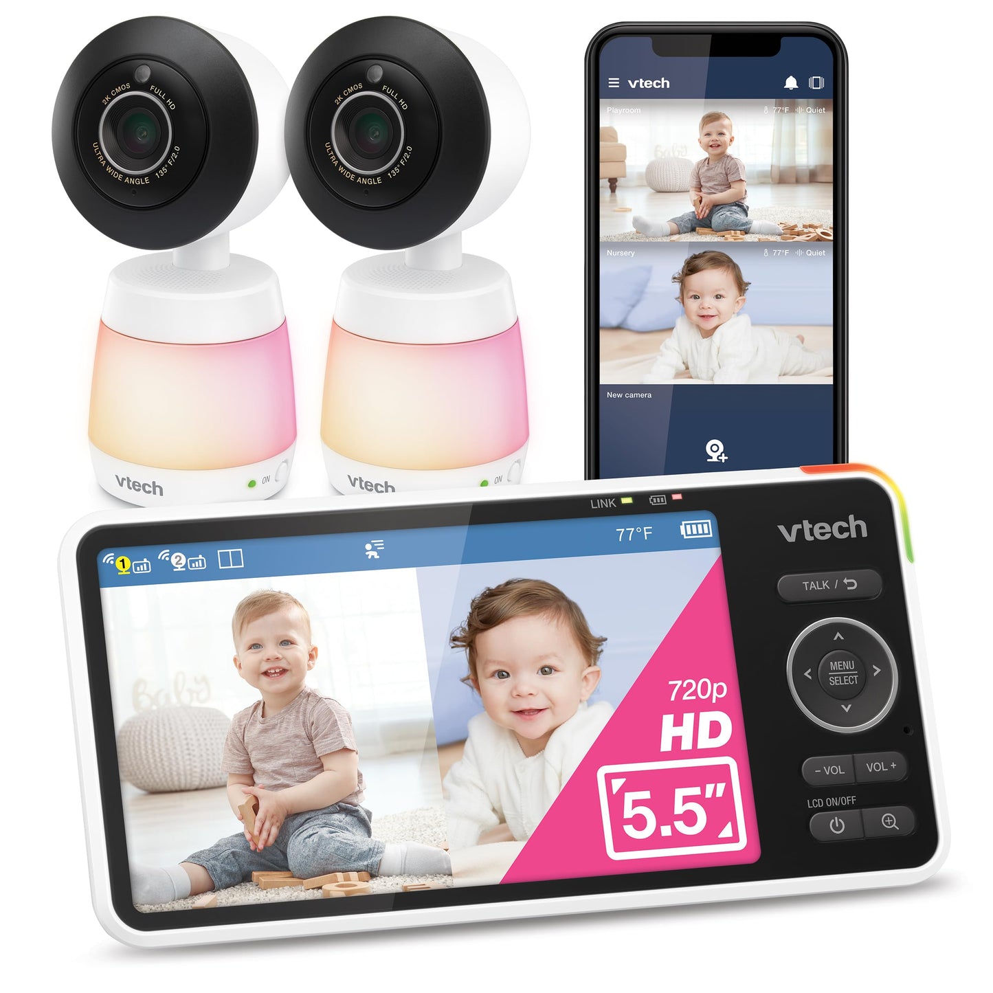 VTech 2-Cameras Smart WiFi Baby Monitor, 2K CMOS Sensor Camera, 5.5-inch HD IPS Screen, Split-Screen, Clear Infrared Night Visio