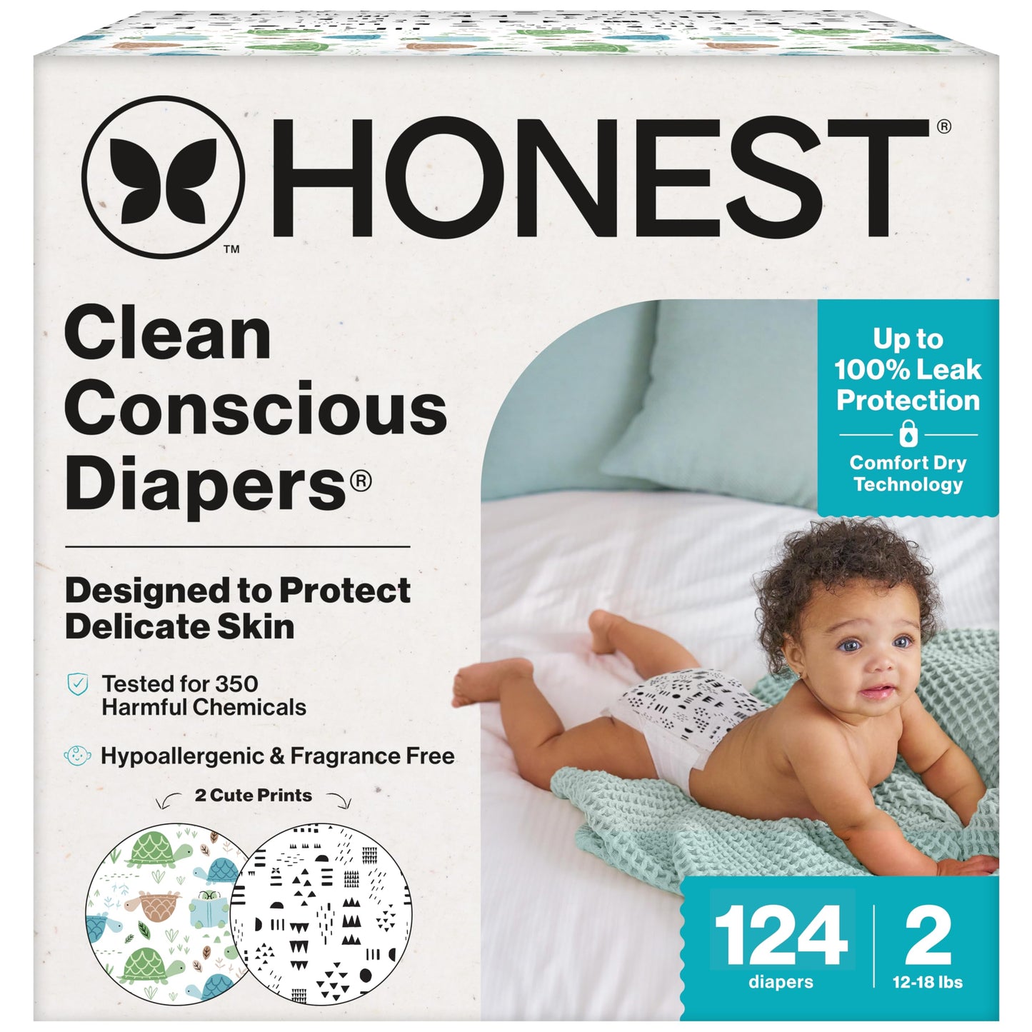 The Honest Company Comfort Dry Disposable Diapers for Sensitive Skin, Hypoallergenic, Barnyard Babies + Pattern Play, Super Club