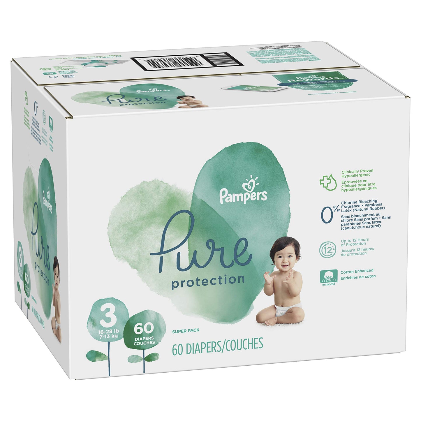 Diapers Size 3, 60 Count - Pampers Pure Protection Disposable Baby Diapers, Hypoallergenic And Unscented Protection, Super Pack