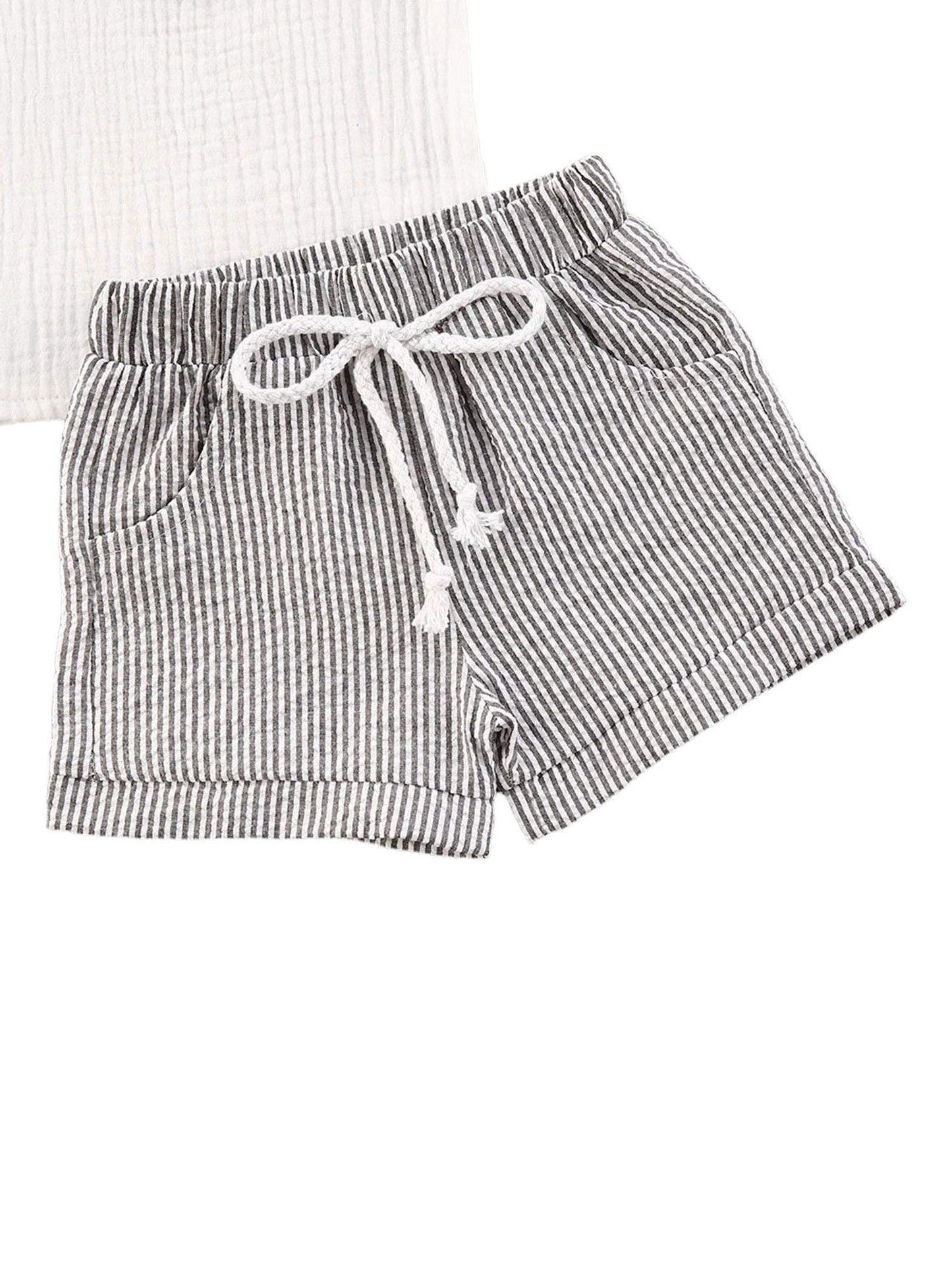 Baby Boys Short Sleeve T-Shirt Tops Elastic Waistband Shorts Set Toddler2Pcs Summer Outfits Clothes (Linen White + Strips, 18-24