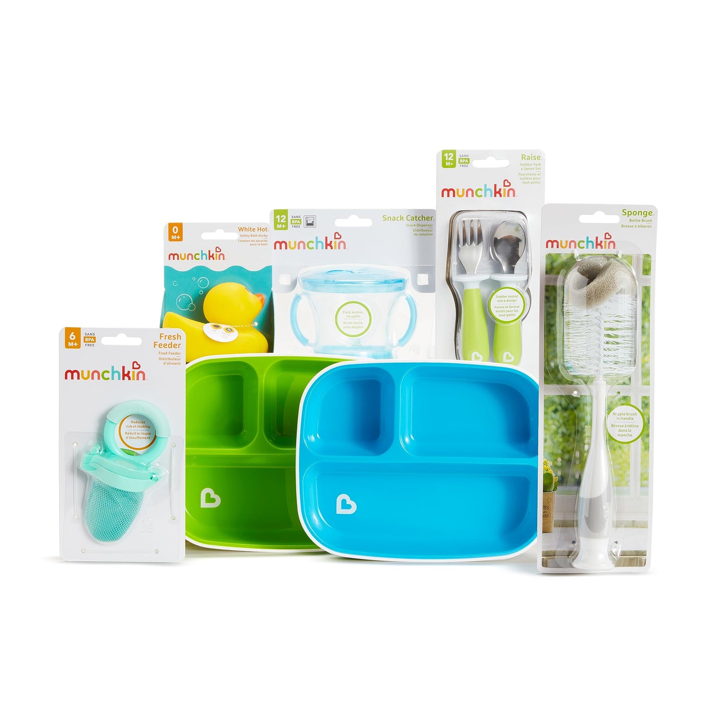 Munchkin New Beginnings Baby Gift Set, Includes Feeding Utensils, Divided Plates, Bottle Brush, Bath Toy And Teether, Neutral