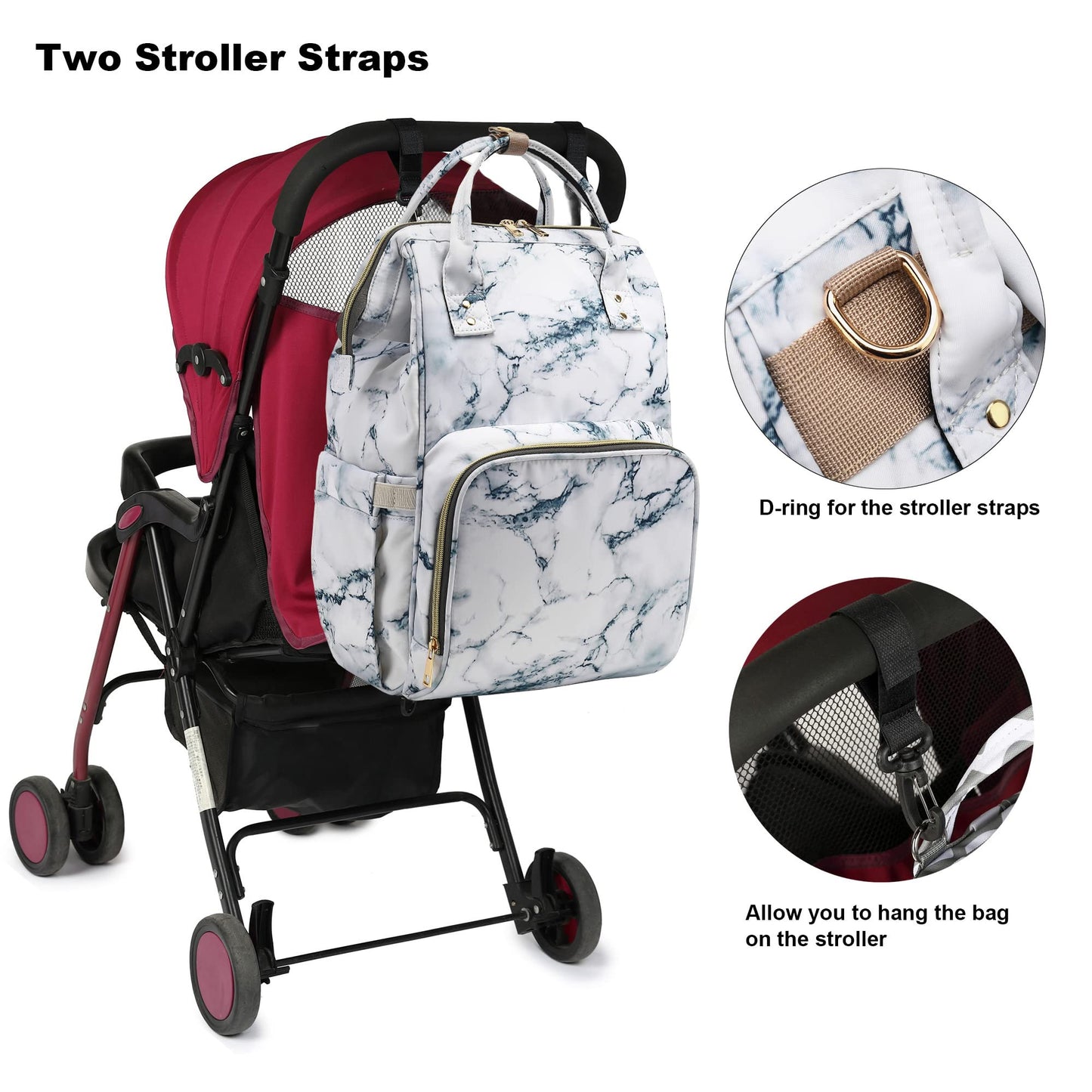 Yusudan Diaper Bag Backpack For Baby Girls, Mom Waterproof Large Nappy Bags For Women (Marble)