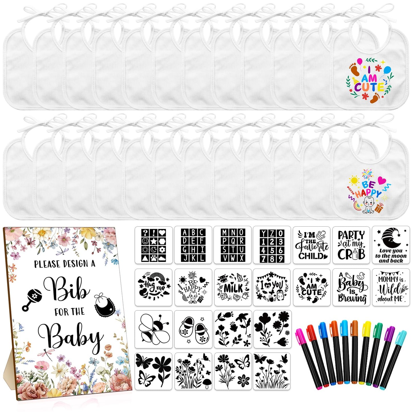 Newwiee 55 Pcs White Bibs for Baby Decorating Design a Bib Decorate Plain newborns Bibs Wooden Sign for Baby Shower Games Kit(Wi
