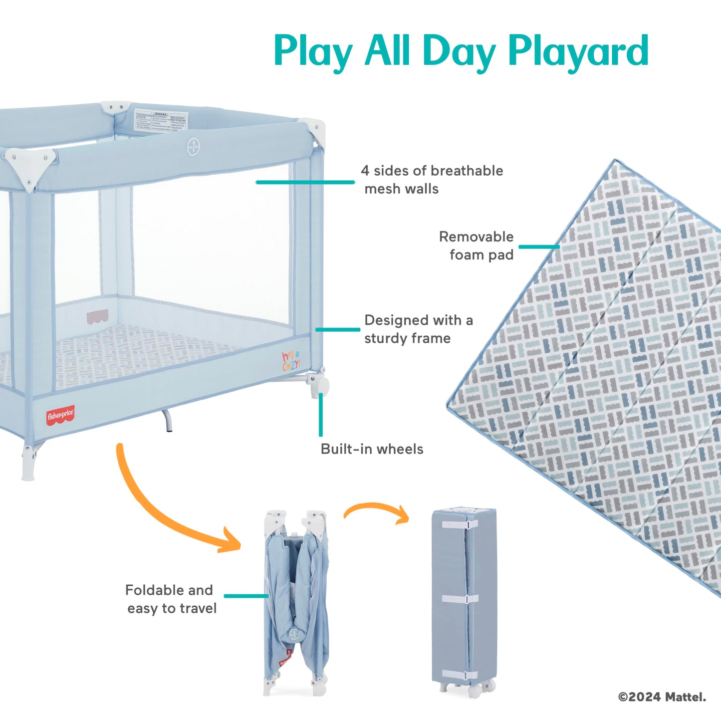 Fisher-Price Play All Day Baby Playard In Moon Mist, No Tool Assembly, Easy One-Hand Fold Playard, Breathable Mesh Sides, Carry