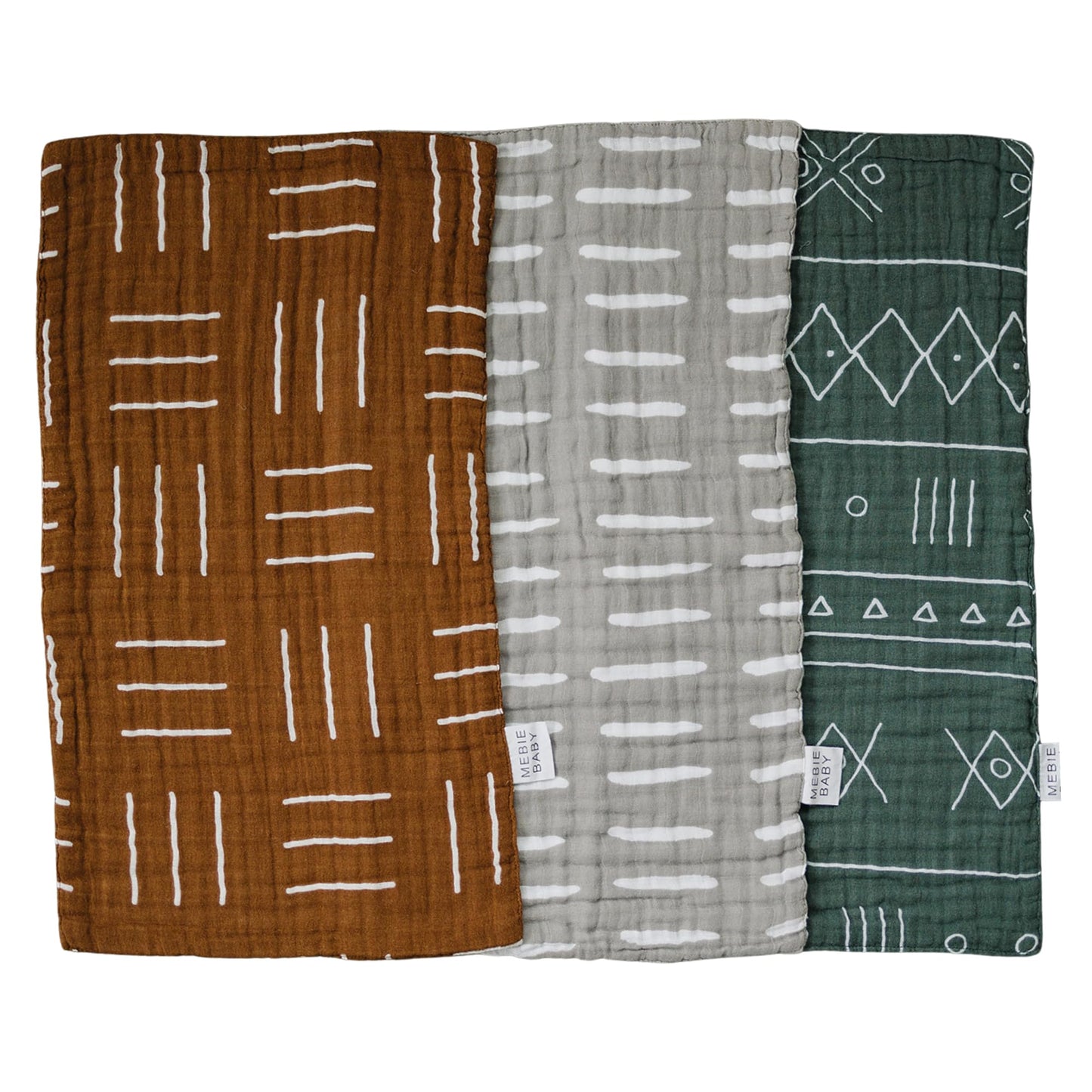 Mebie Baby Burp Cloths, Printed 3-Pack, Muslin Burp Cloth Set for Spit Up, Drool, and More, Boho Burp Cloths for Baby Boy and Gi