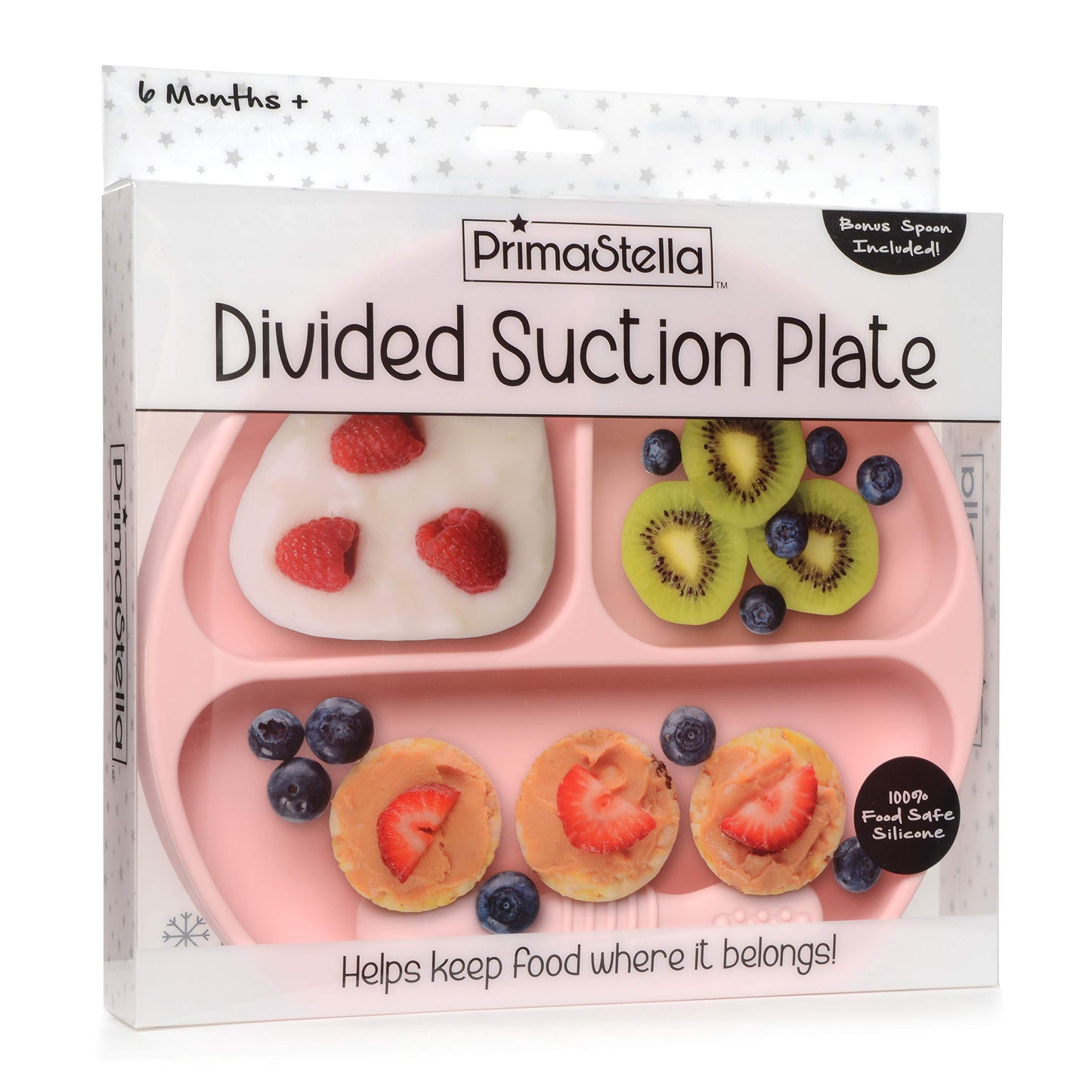 Primastella Unbreakable Silicone Non-Slip Baby & Toddler Plate And Spoon Feeding Set - Pink
