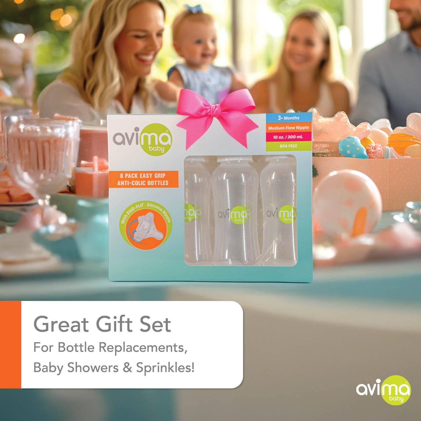 Avima 10 Oz Anti Colic Baby Bottle Set - Medium Flow Nipples Included, Standard Neck, Bpa Free - 3-6 Months, Stage 2 Feeding For