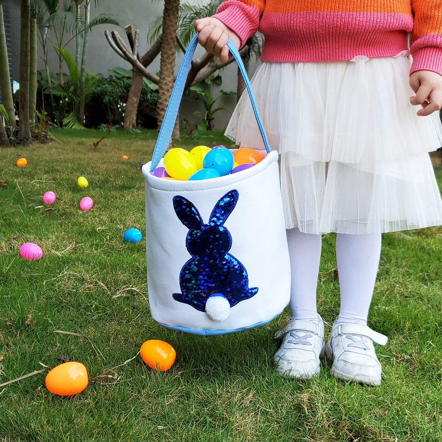 Poptrend Easter Basket Bags,Easter Eggs/Gift Baskets For Kids,Bunny Tote Bag Bucket For Easter Eggs,Toys, Candy,Gifts (Blue Pail