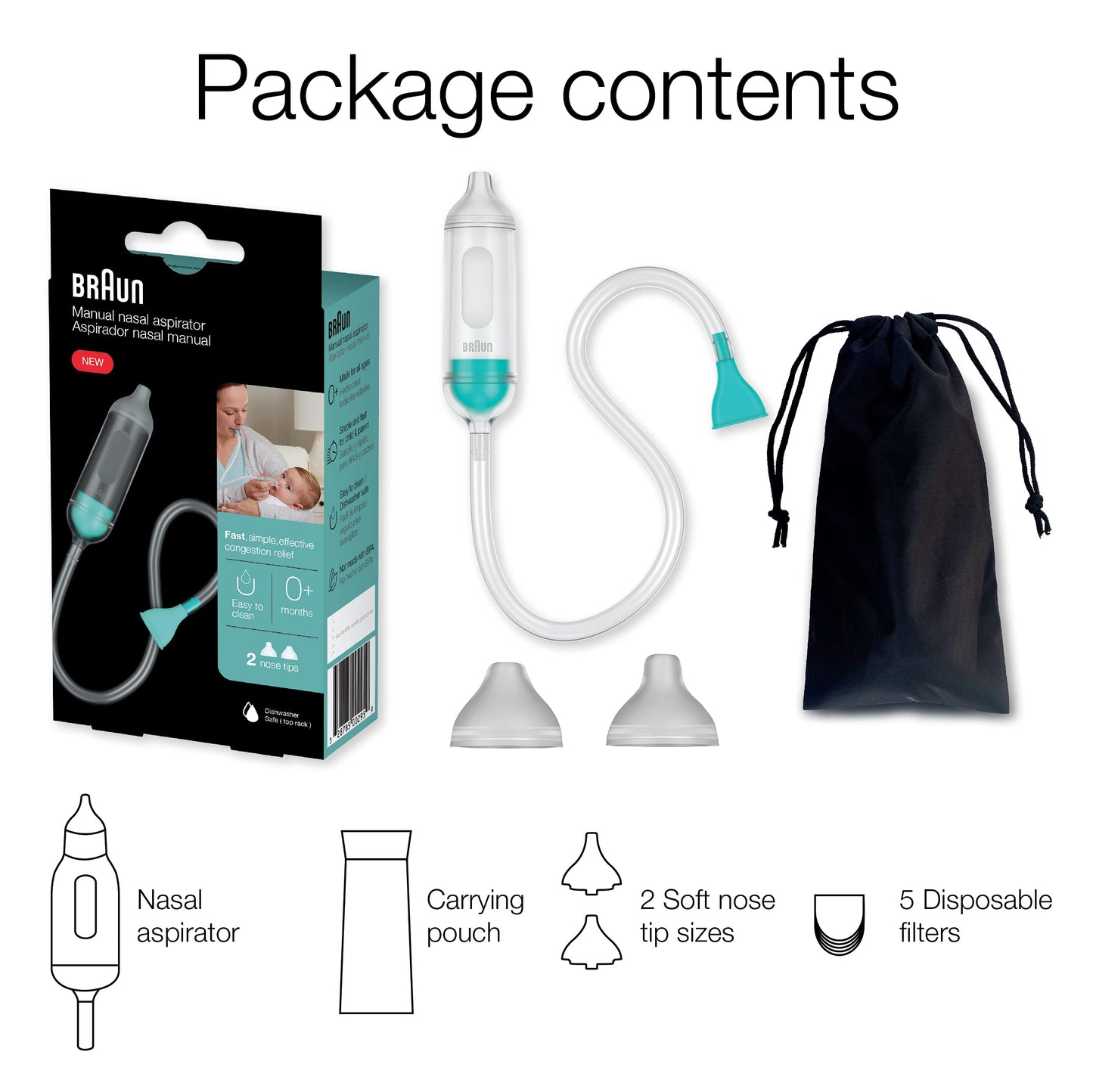 Braun Manual Nasal Aspirator - Mucus Remover, Blocked Nose Relief, Manual Suction Power, 2 Nose Tip Sizes, Newborn, Baby, And Ch