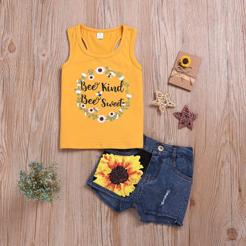 2Pcs/Set Toddler Kids Baby Girl Sleeveless Floral T-Shirt Top Sunflower Denim Jeans Shorts Outfits 1-8T (Yellow, 7-8 Years Old)