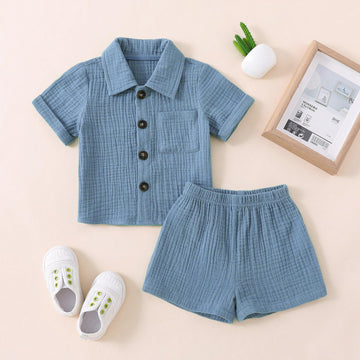 Baby Boys Clothes Set Toddler Infant Boys Button-Down Shirt Tops + Cotton Gauze Pants Summer Outfit 2Pcs With Pockets (Grey-Blue