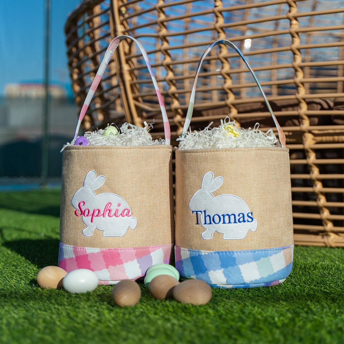 Mt World Kids Easter Bucket Personalized Burlap Easter Egg Hunt Basket For Baby Boys Girls Cute Bunny Storage Basket Reusable Li